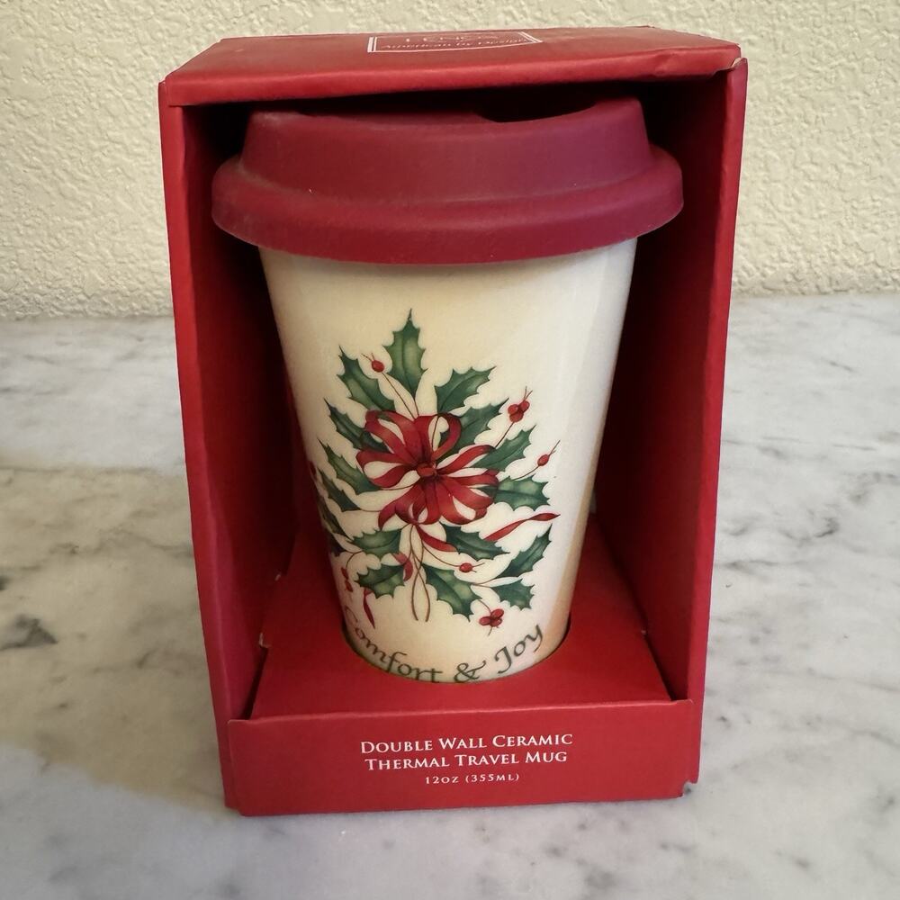 Lenox Travel Tumbler Coffee Cup Holiday Christmas Holly Design 12oz Comfort Joy‎